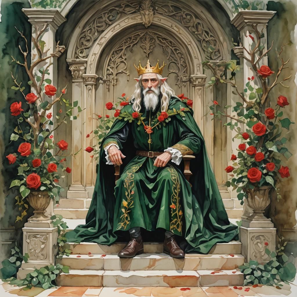 Elven King on Throne in Gouache Style