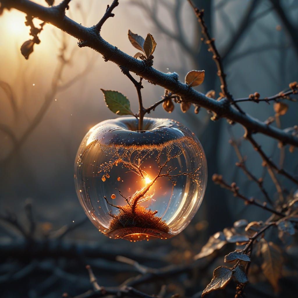 Glowing Apple on Bare Branch in Surrealist Sunset