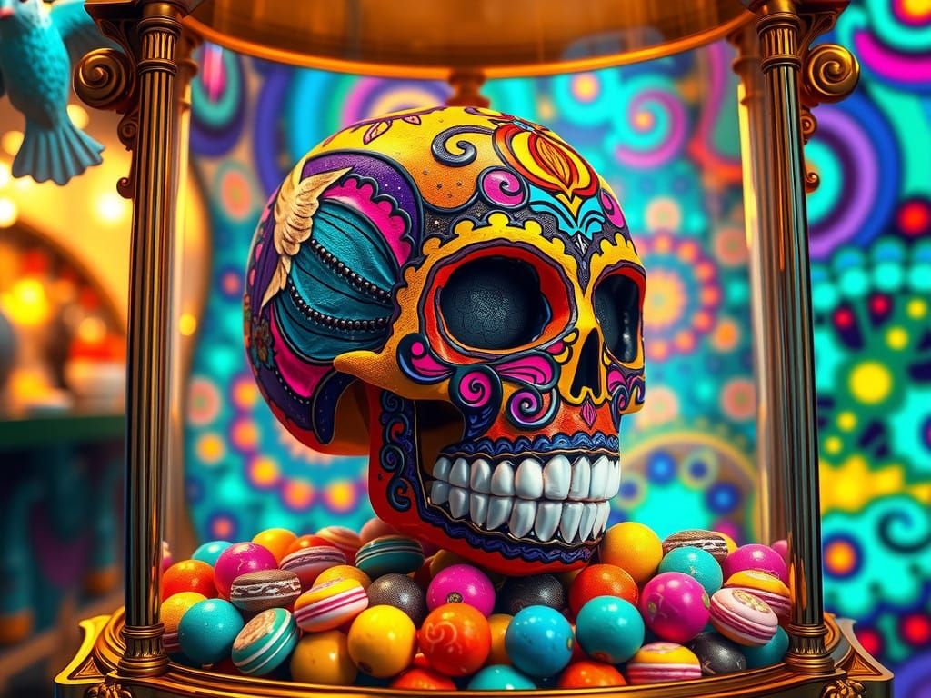 Vibrant Mexican Sugar Skull Adorned with Intricate Hummingbi...