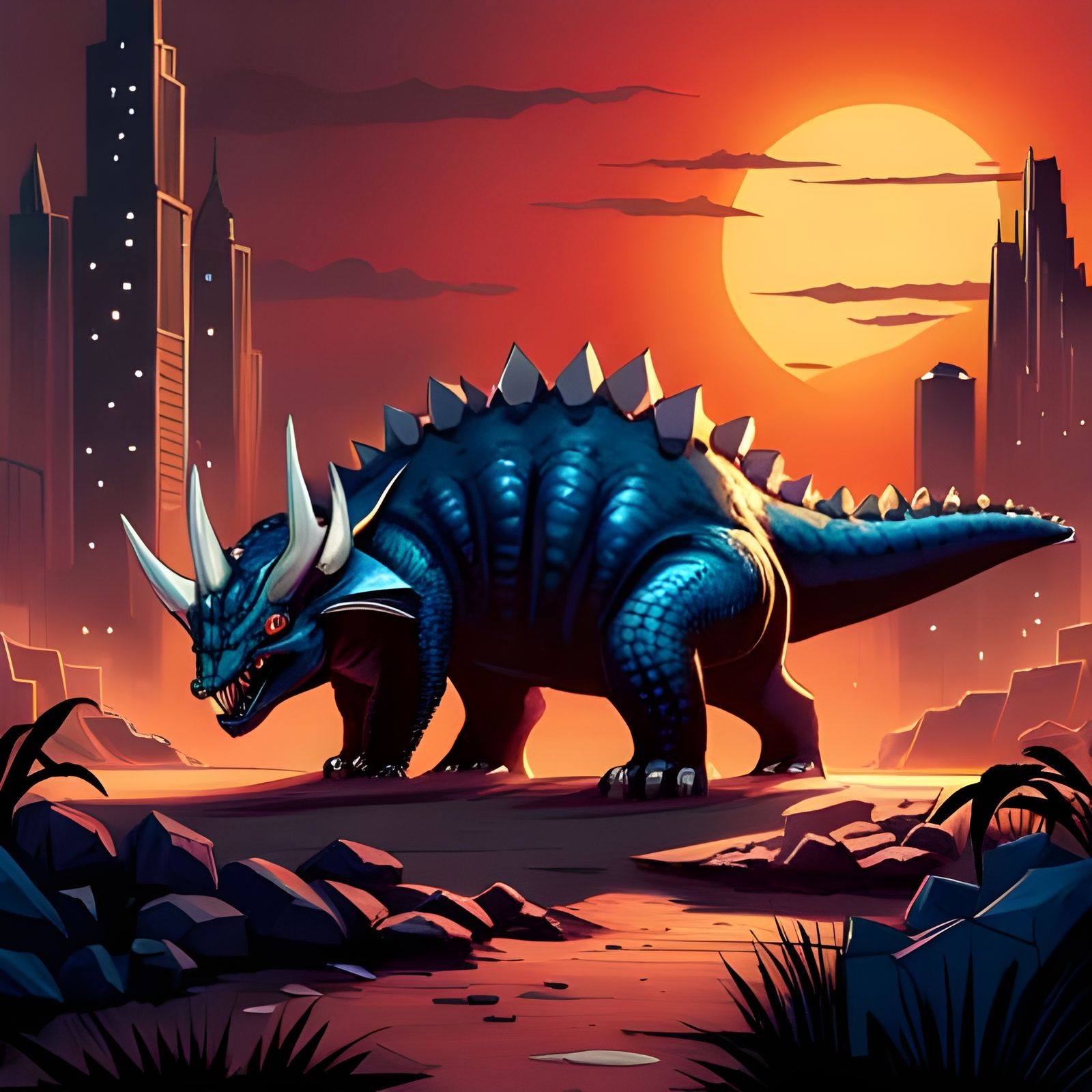 Stegosaurus Beast in Dark Fantasy Jungle City
