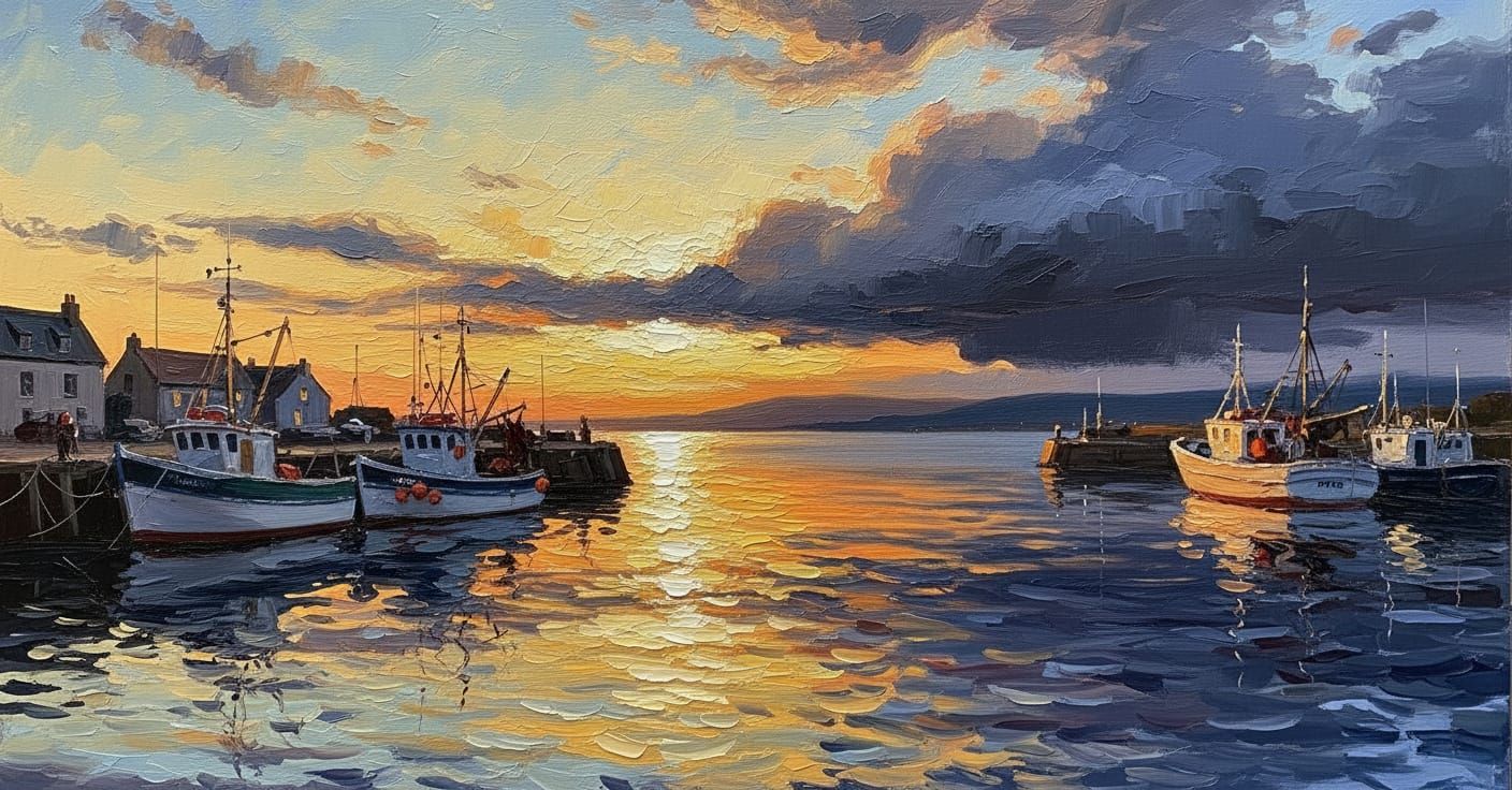 Sunset Fishing Harbor Oil Painting