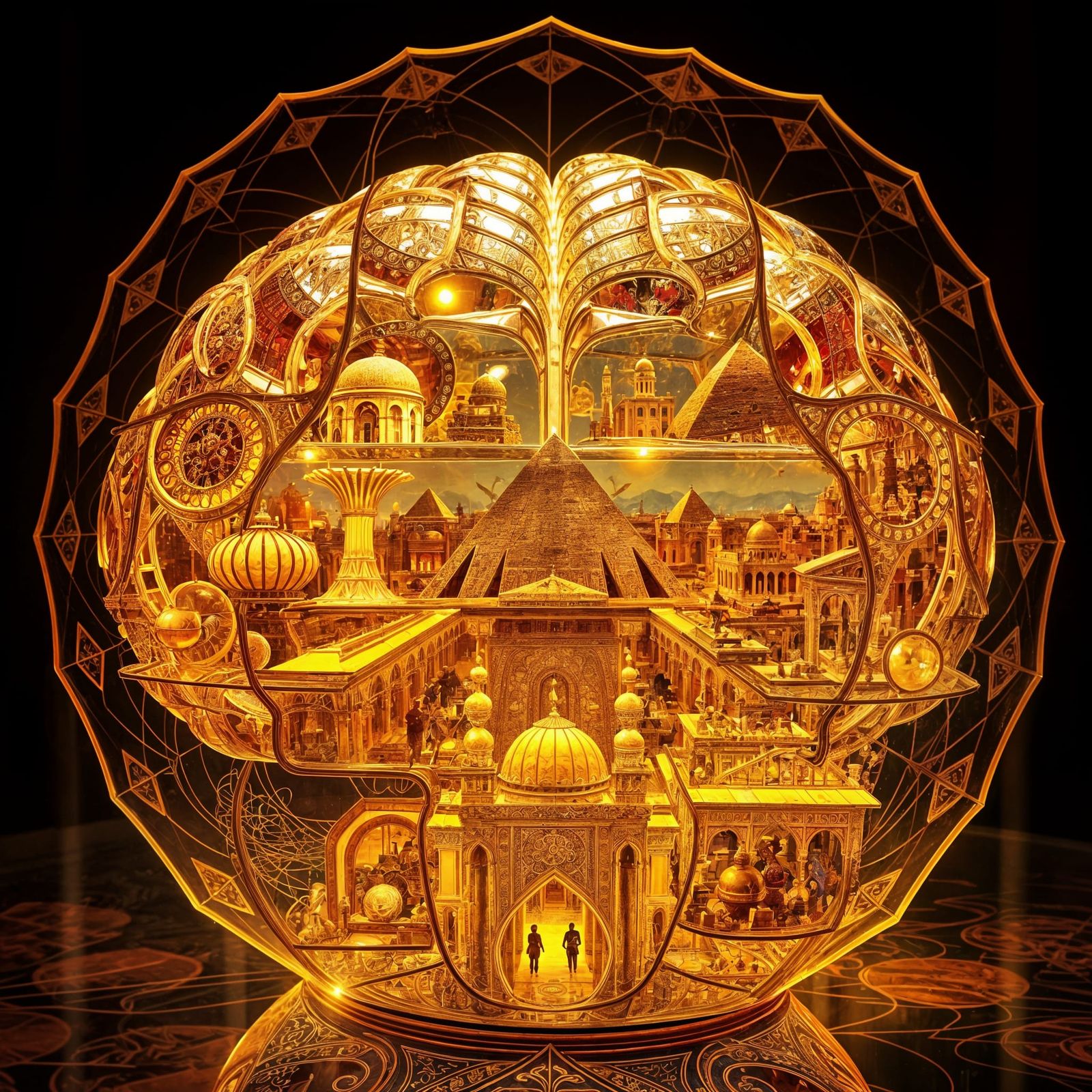 Golden Glass Brain Displaying Islamic Civilization