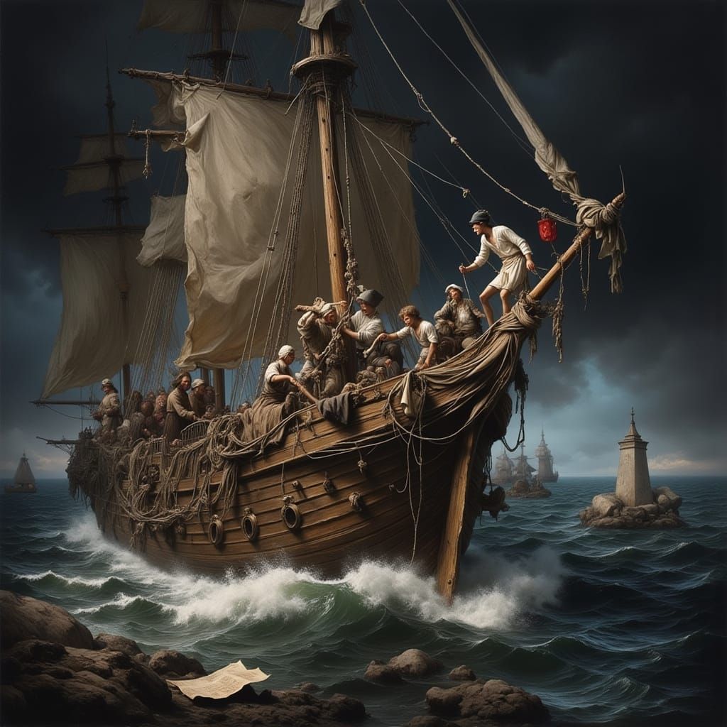 Columbus Navigates Stormy Seas in Hyperreal Style