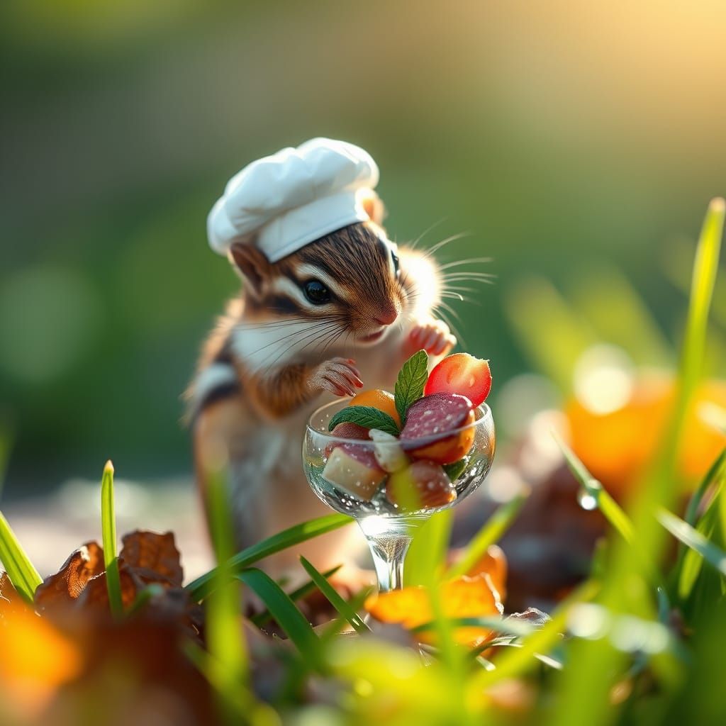 Miniature Chef Chipmunk Arranges Gourmet Meal