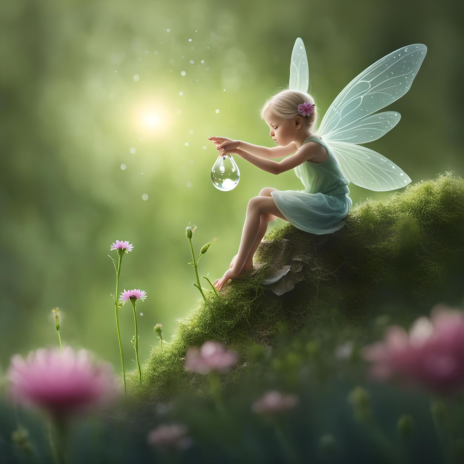A tiny fairy holding a dew drop on a flower