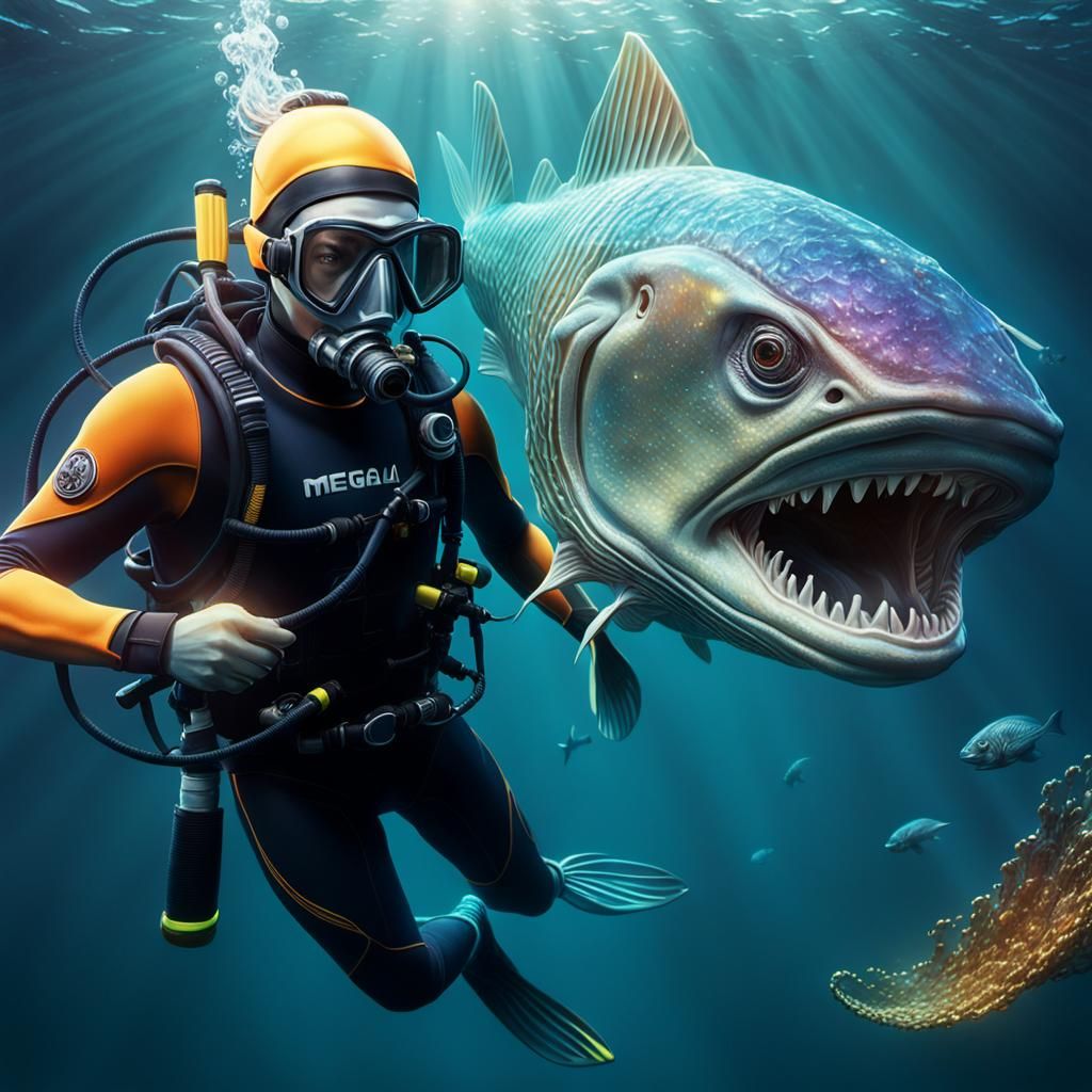 Diver Catches Megalodon in Hyperrealistic Aquatic Scene