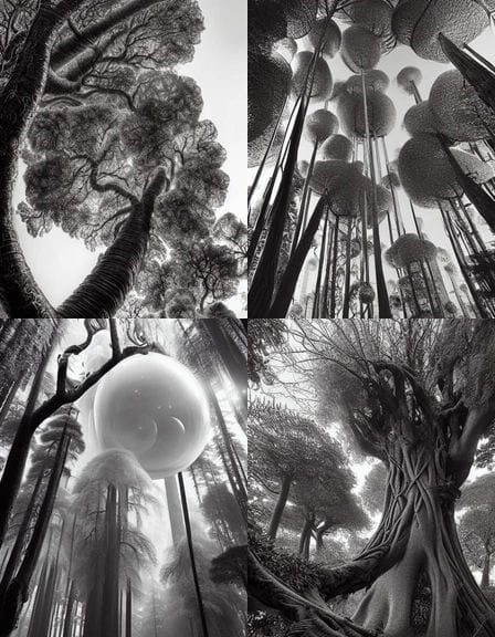 Giant Bubble-Covered Trees in Greyscale 3D