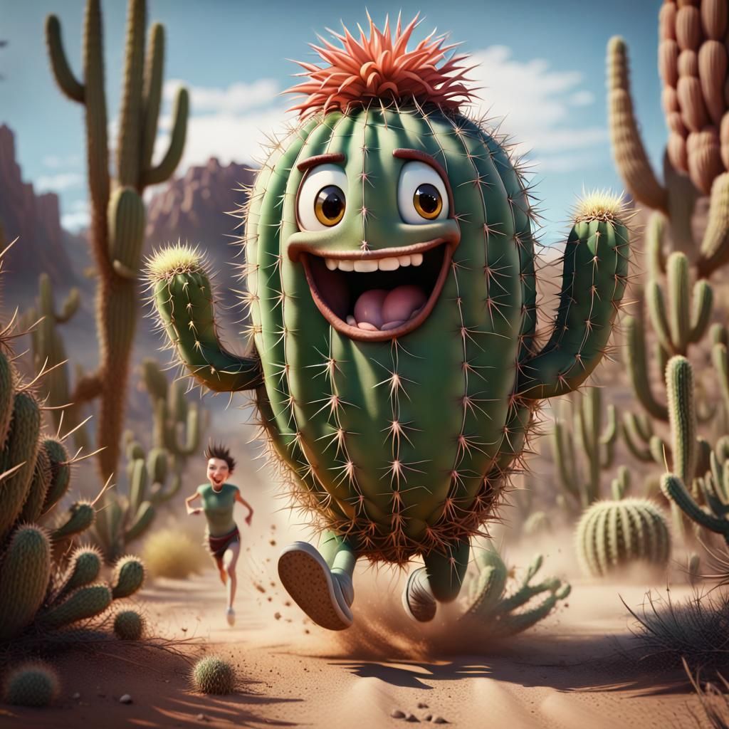 Anthropomorphic Cactus Running Desert Race: Matte Painting
