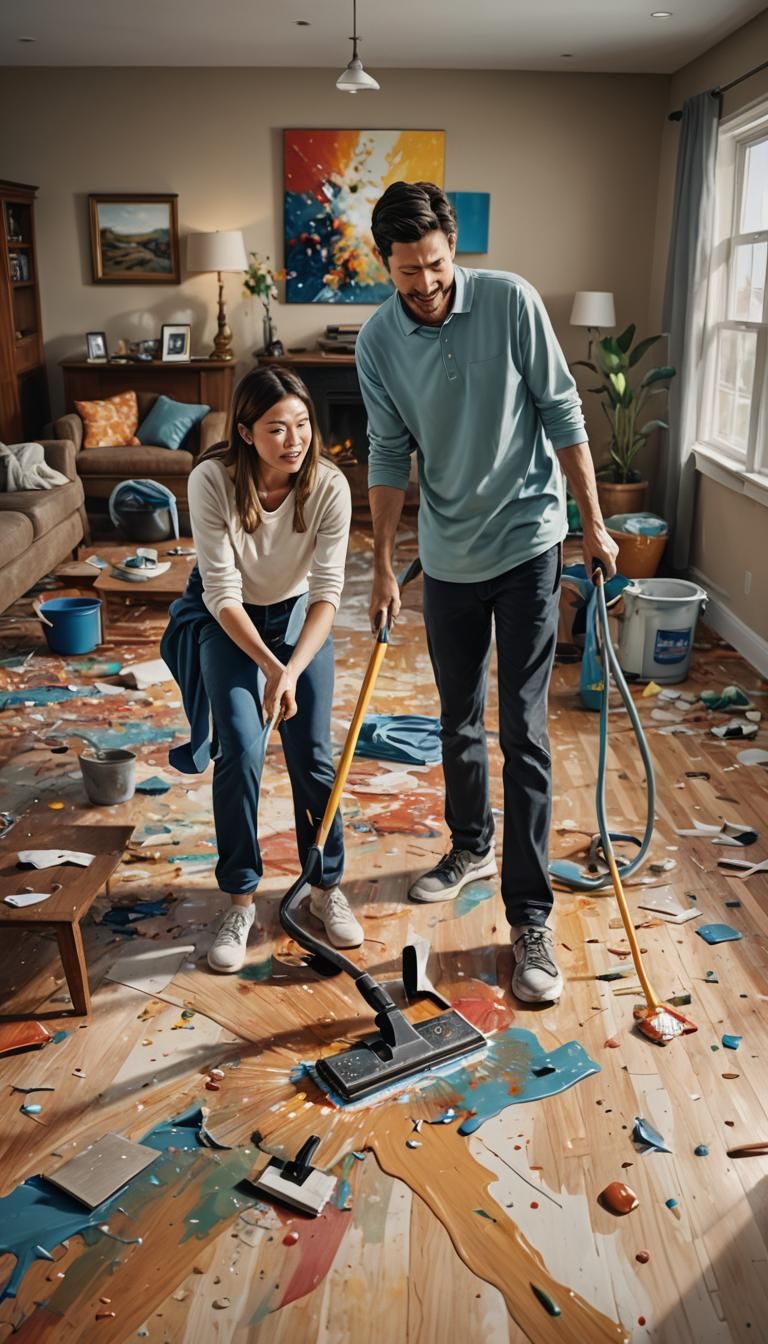 Husband and Wife Cleaning Floor in Hyperrealistic Style