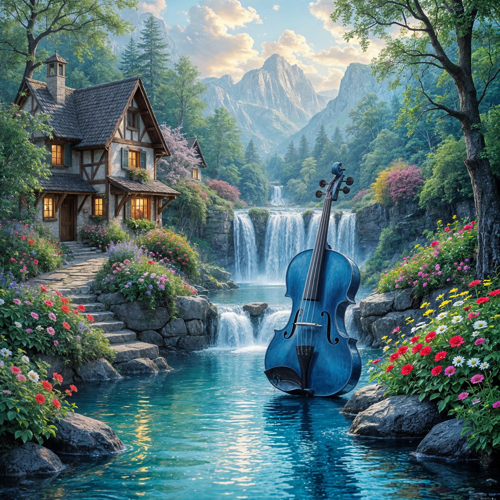 Glass Violin With Village Waterfall and Flowers