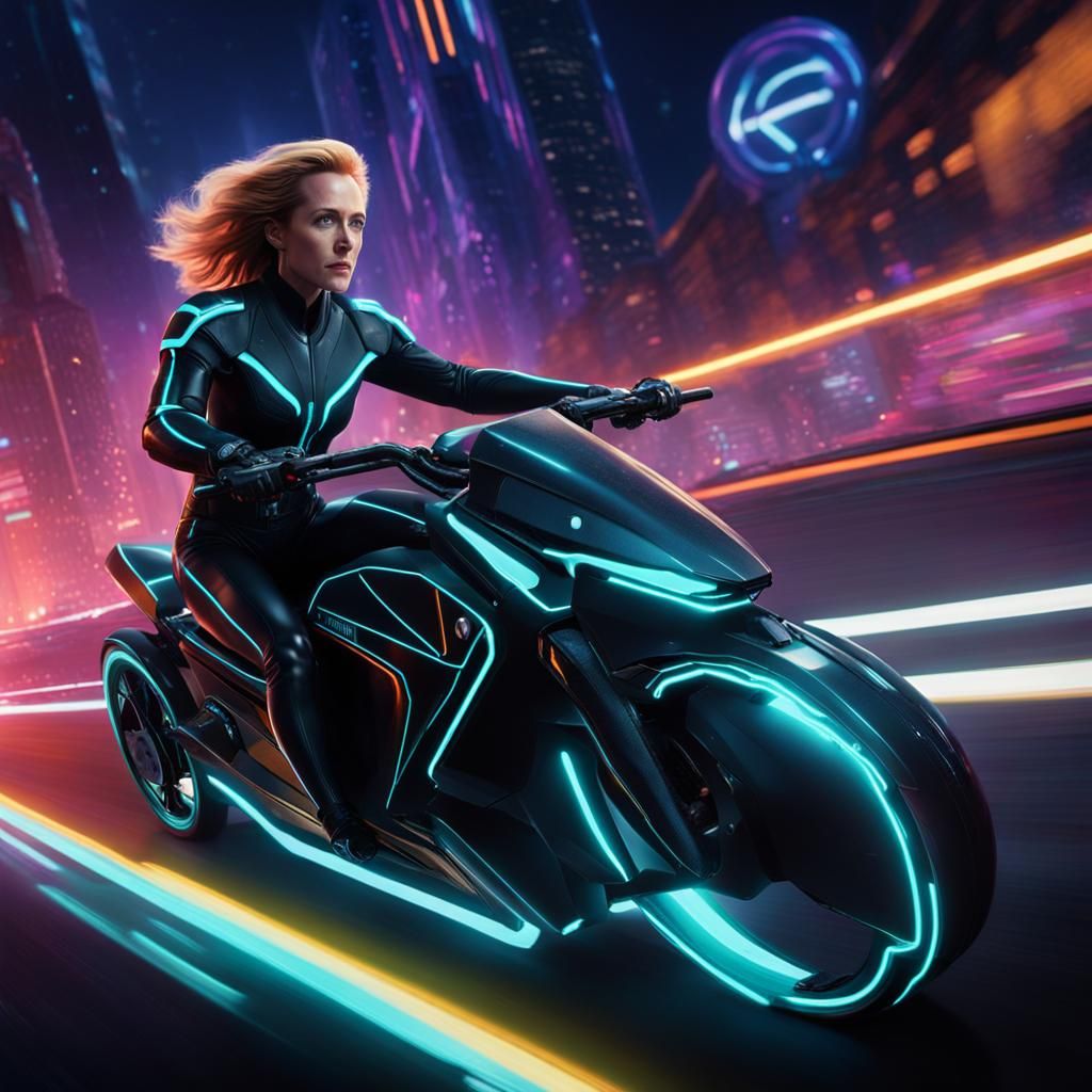 Woman in Catsuit on Tron Light Cycle