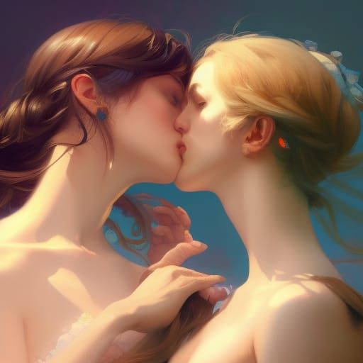 Beautiful Couple Kissing Portrait in Digital Art Style