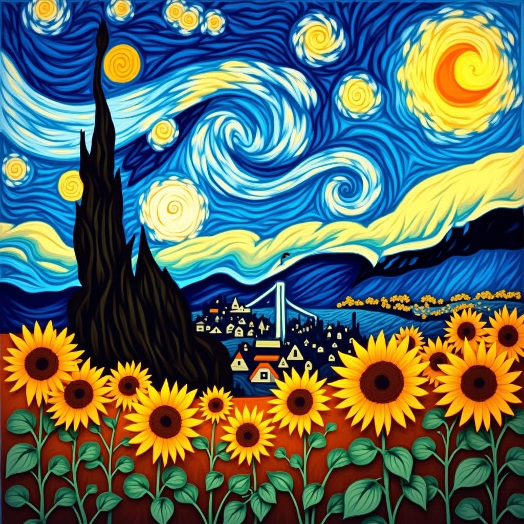 Surreal Starry Night with Sunflowers in Digital Art