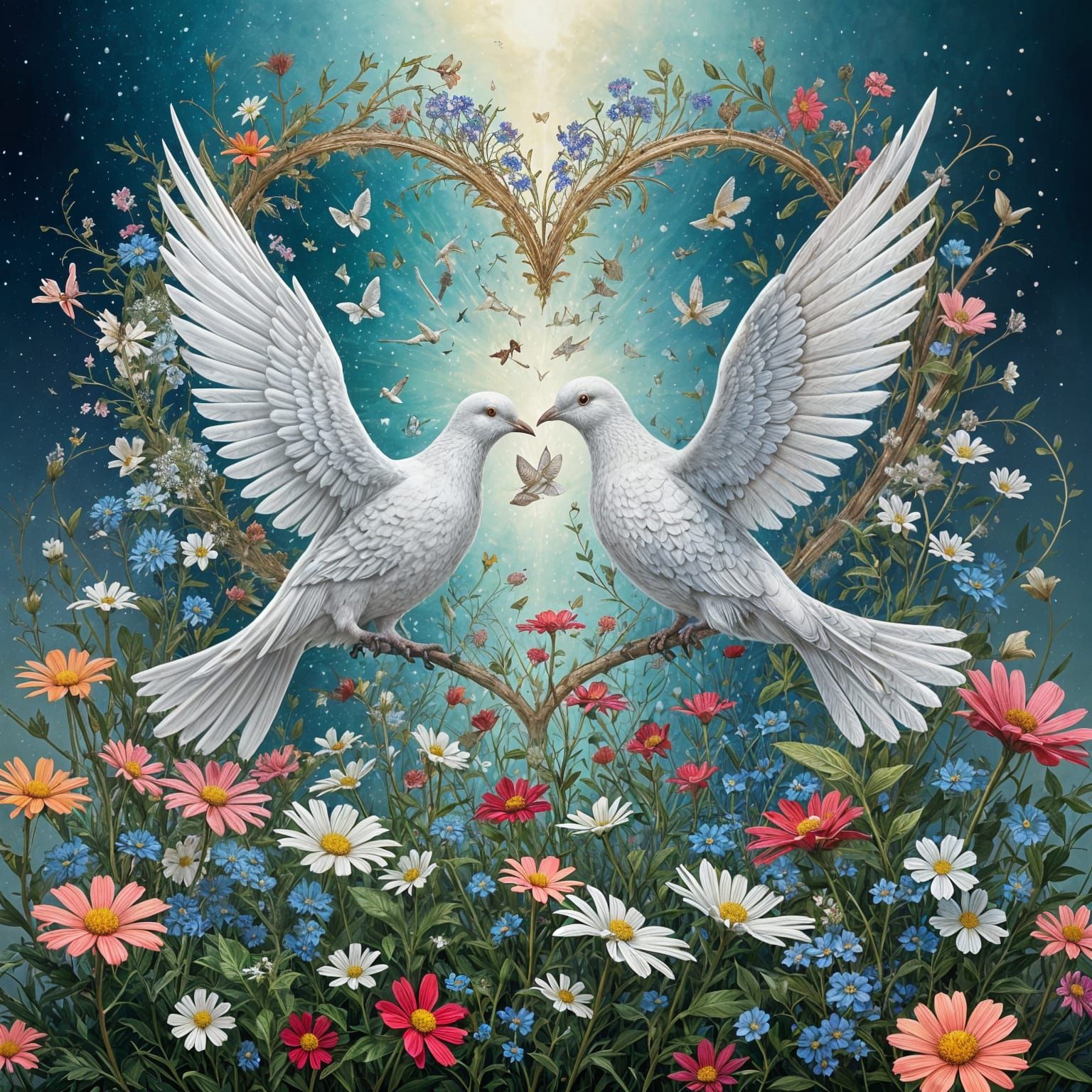 Symmetrical Doves Form Heart Shape in Filigree Fantasy Scene