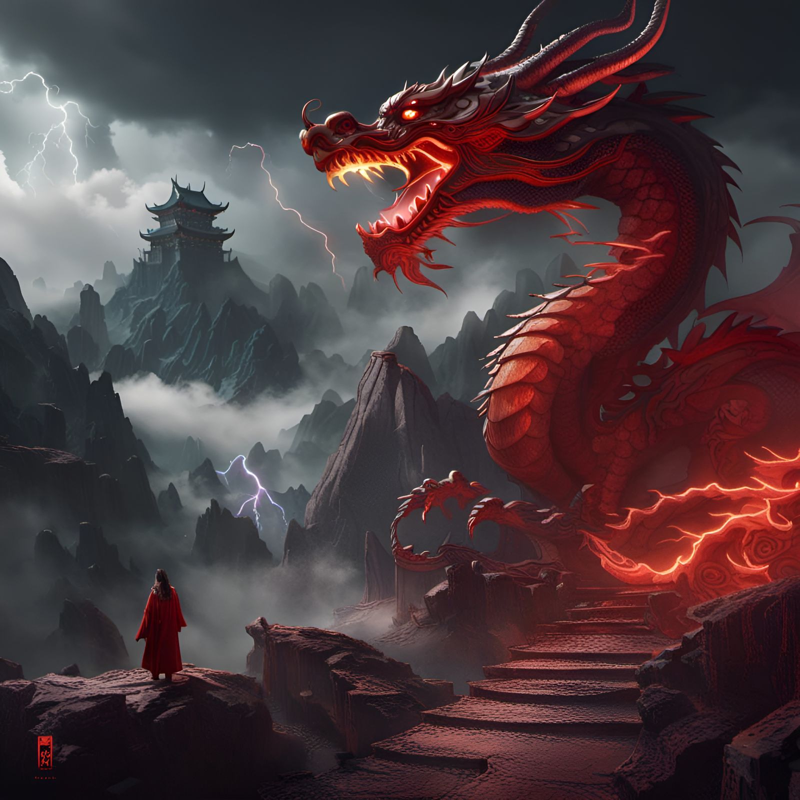 Red Dragon Mountain Thunderstorm in Art Nouveau Style