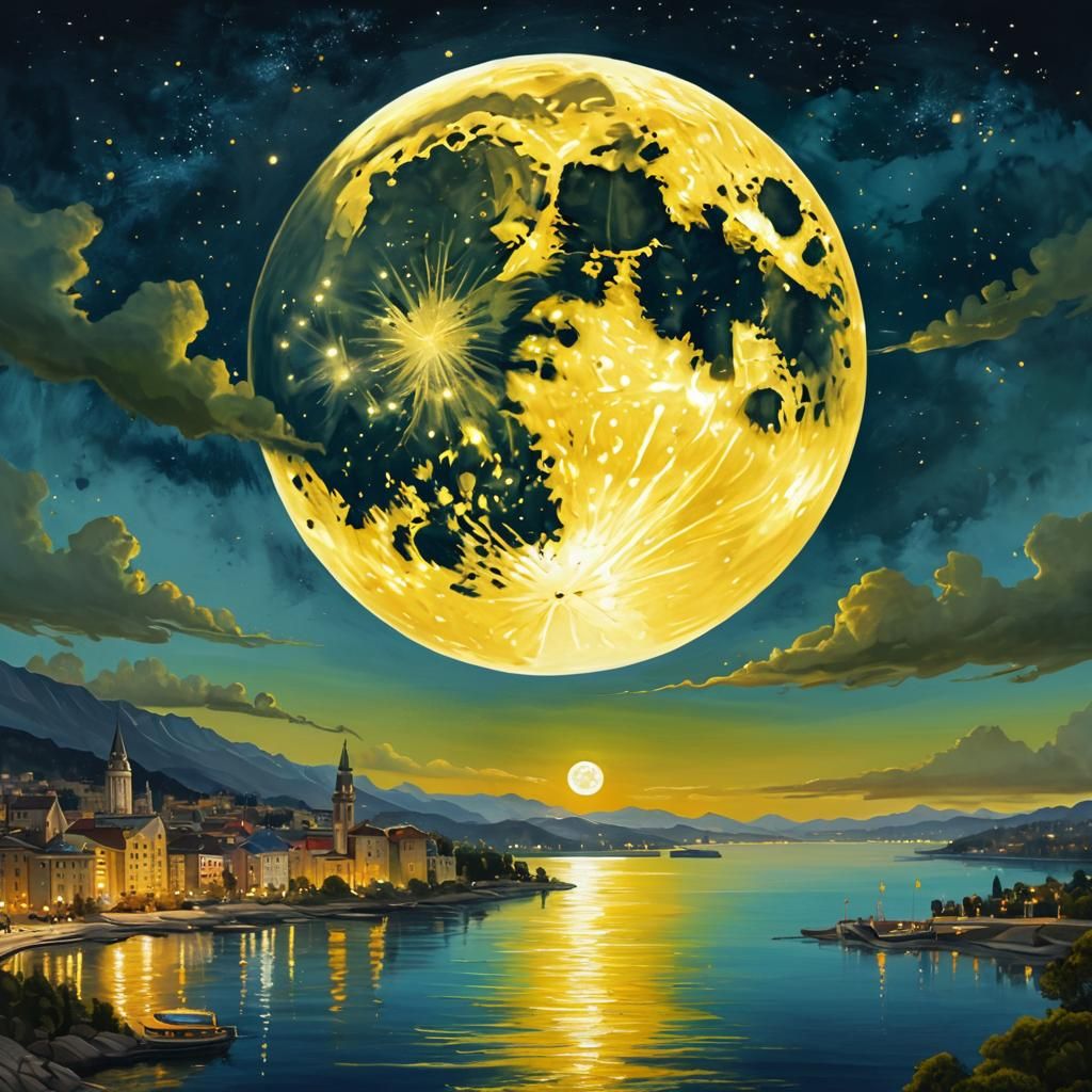 Riverside City with Golden Moon, Watercolor Impasto