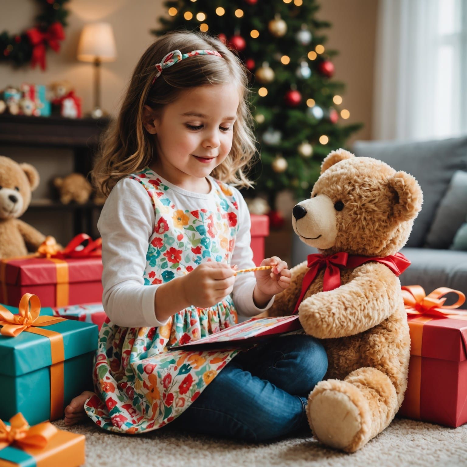 Little Girl and Teddy Bear Opening a Present