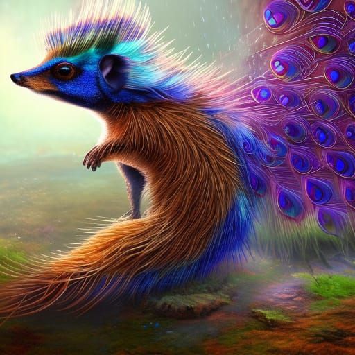Fantastical Hedgehog Peacock Hybrid in Detailed Matte Painti...