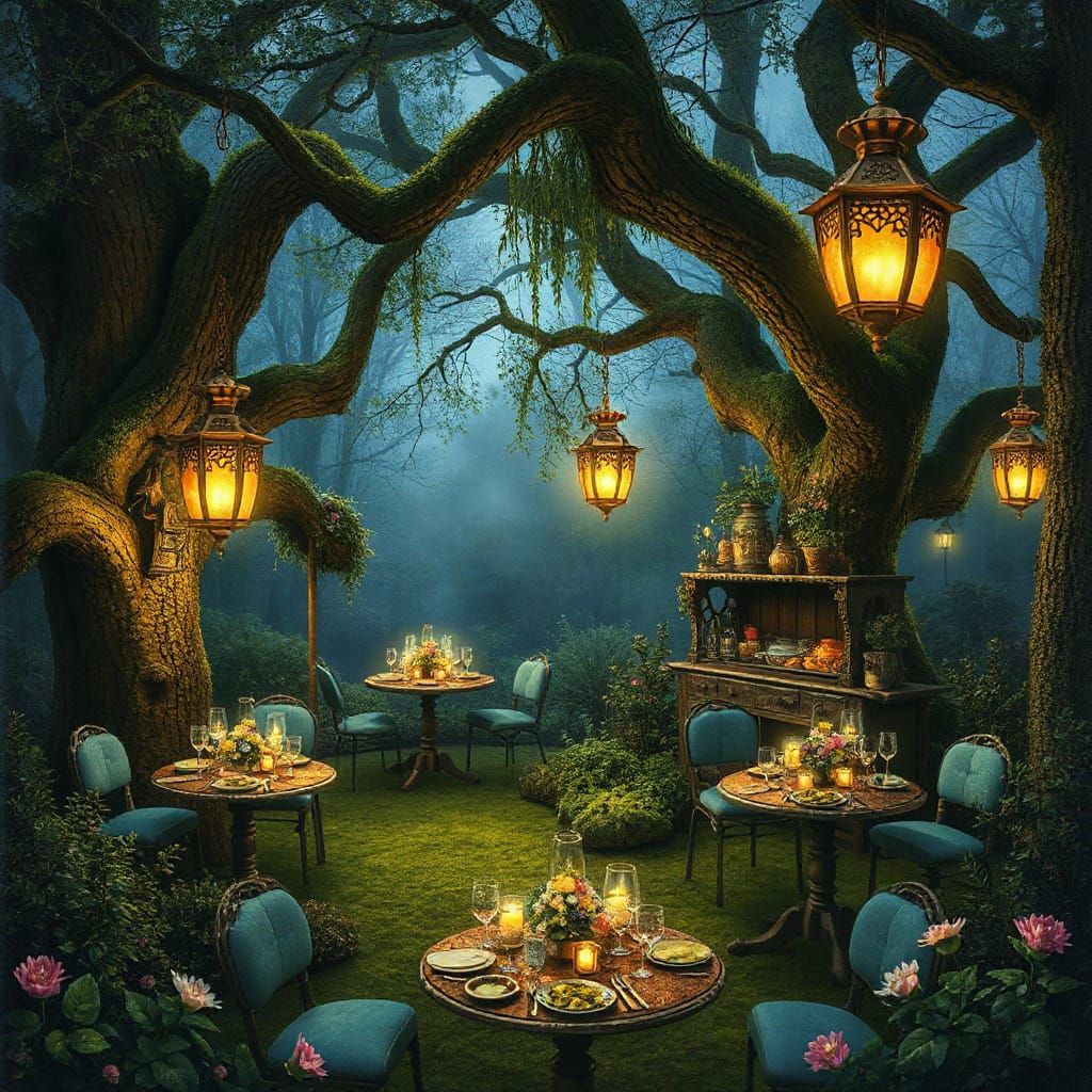 Enchanted Forest Cafe Mystical Twilight Glow