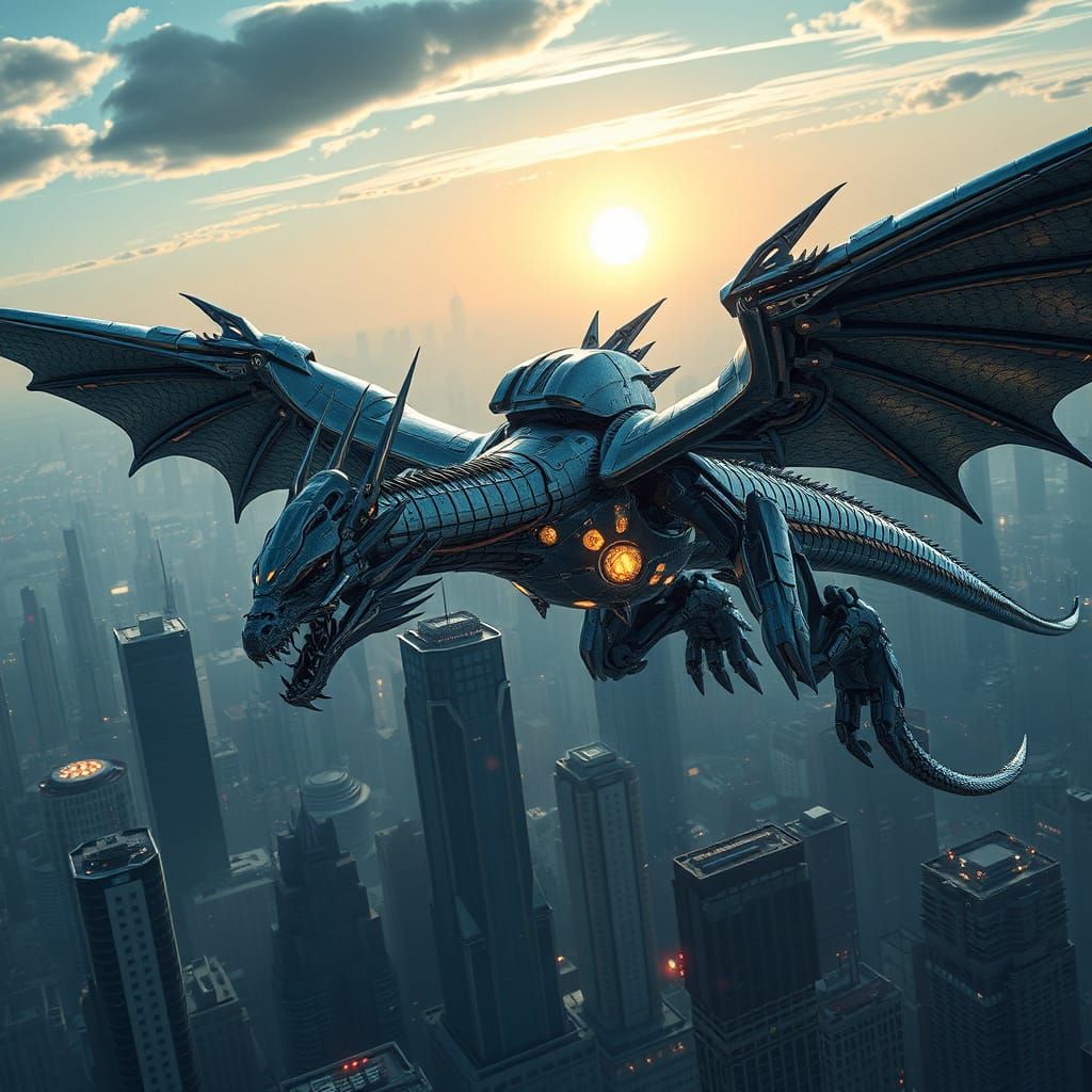 Futuristic Dragon Mech Soars Over Cityscape