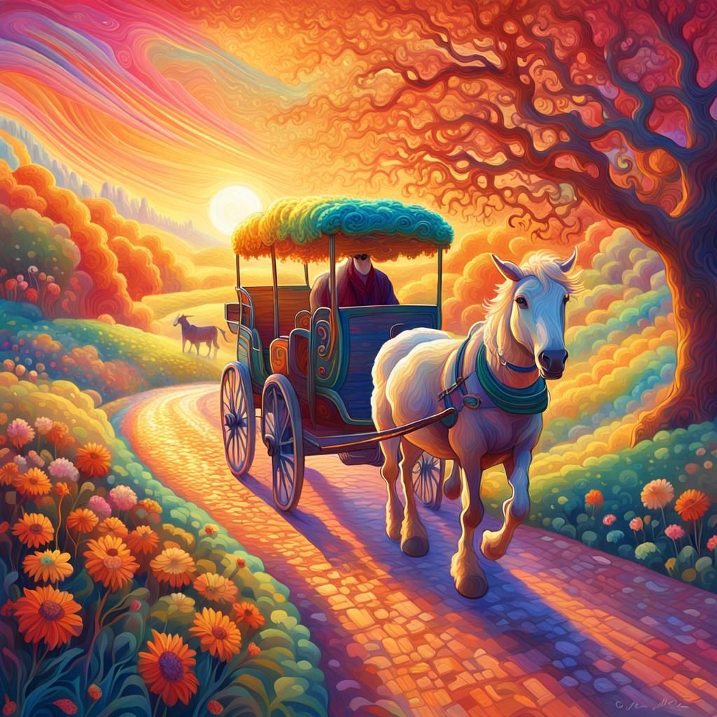 Horse and Cart in Cosmic Folk Art Style