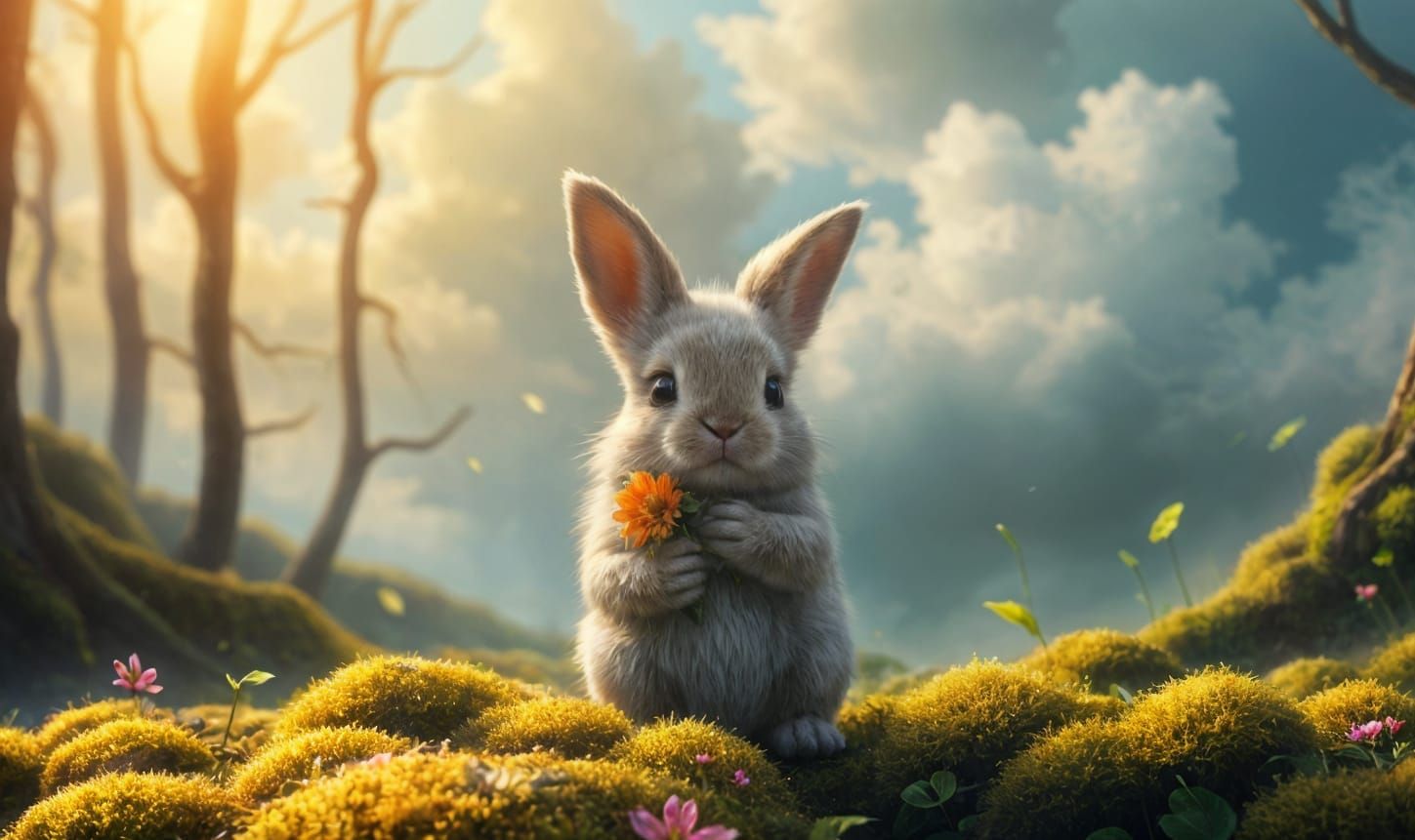 Fluffy Bunny with Flower in Sunlit Forest Oil Painting