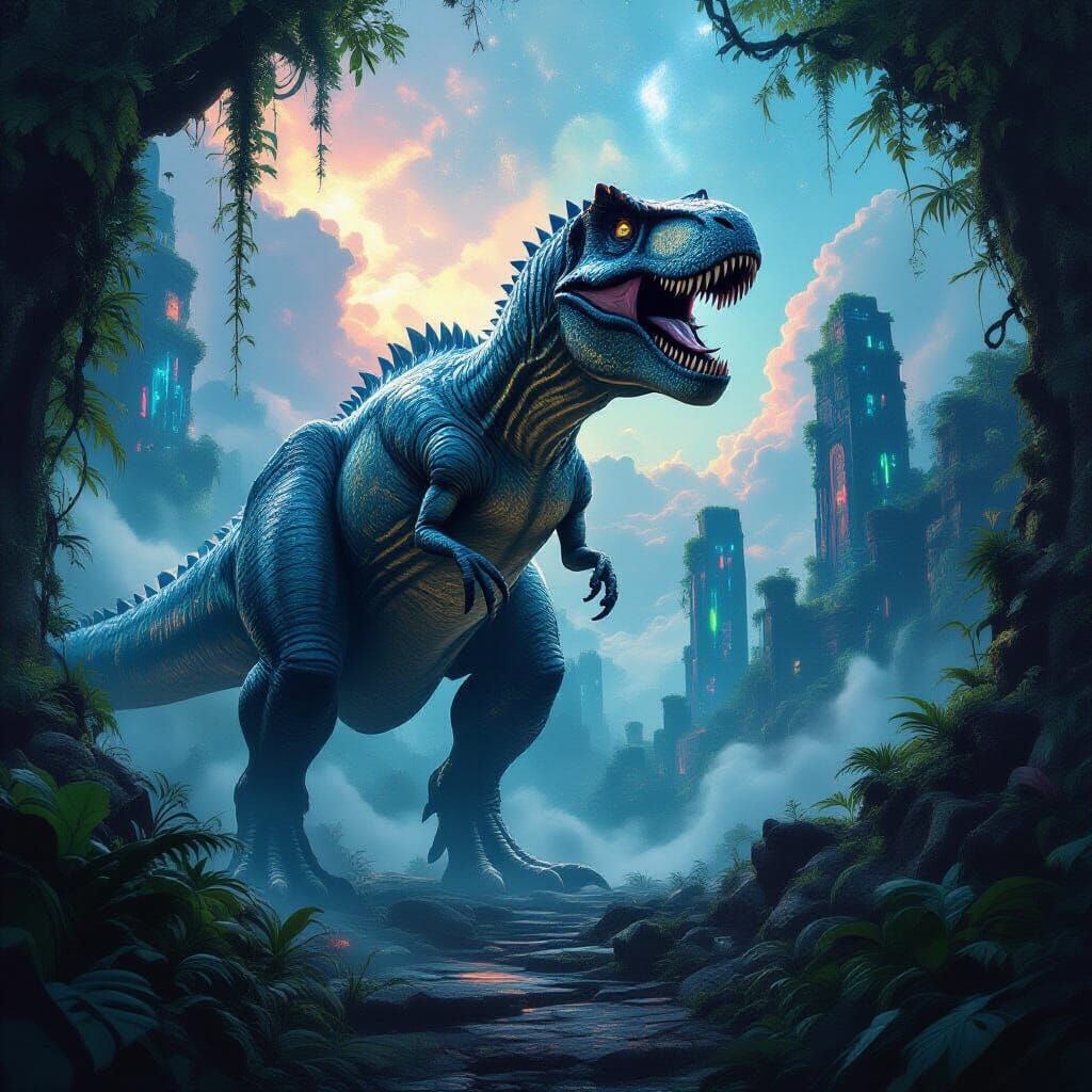 Phosphorescent T-Rex Guards Glowing Jungle City