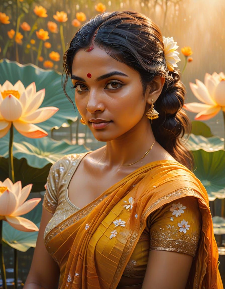 Indian Woman in Lotus Field: Impasto Oil Painting