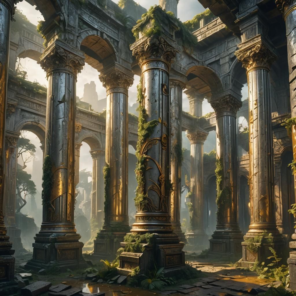 Mystical Ancient Ruin with Silver and Gold Column
