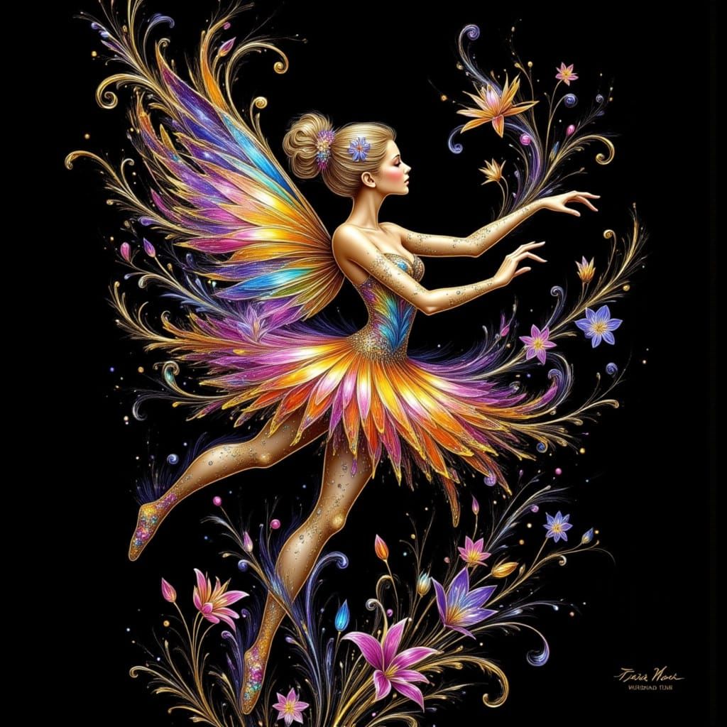 Vivid Wildflower Fairy Ballerina in Alcohol Ink Style