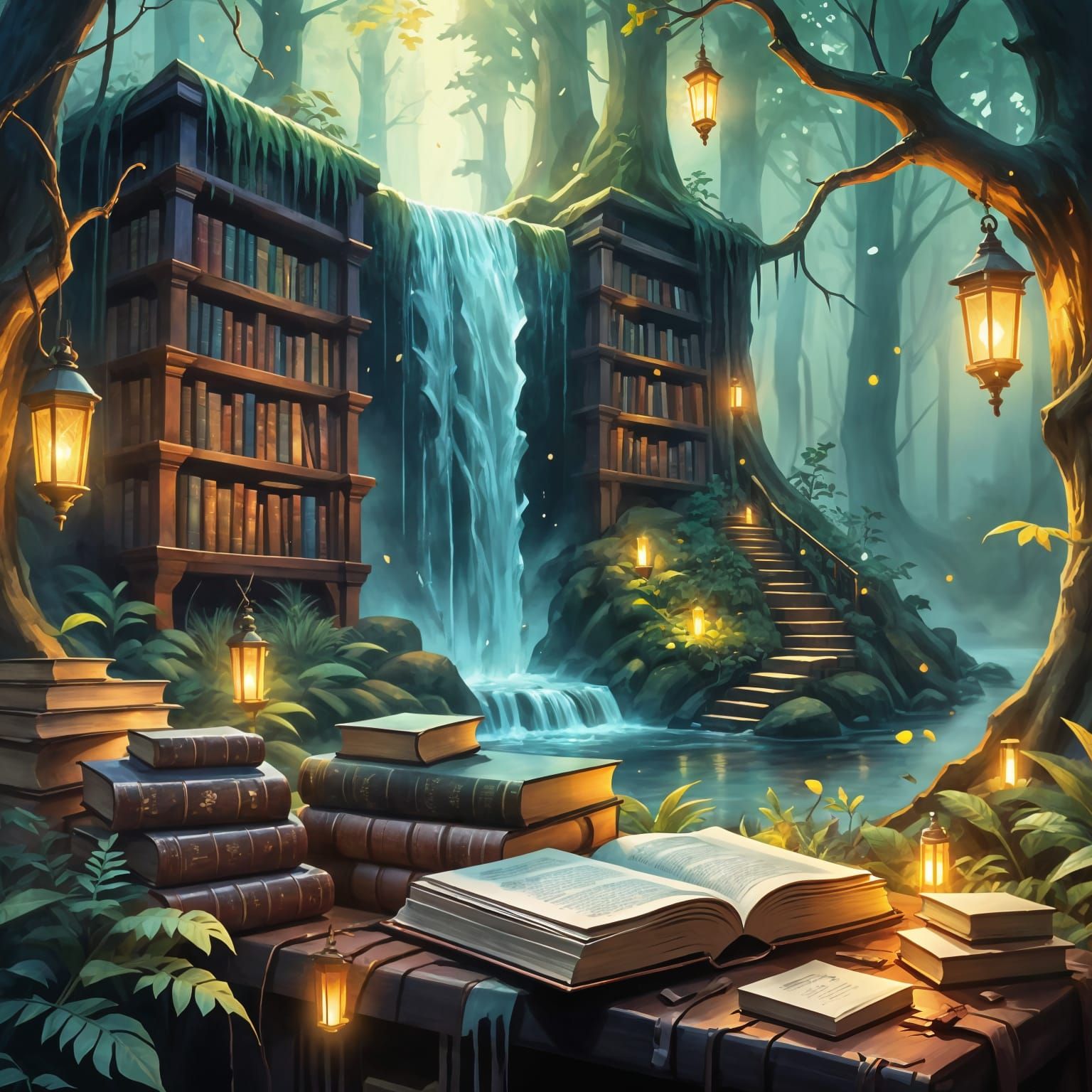 Magical Elven Library Waterfall of Books