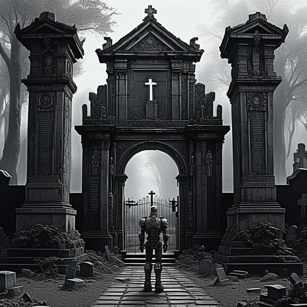 Robot in Old Cemetery: Detailed Charcoal Drawing