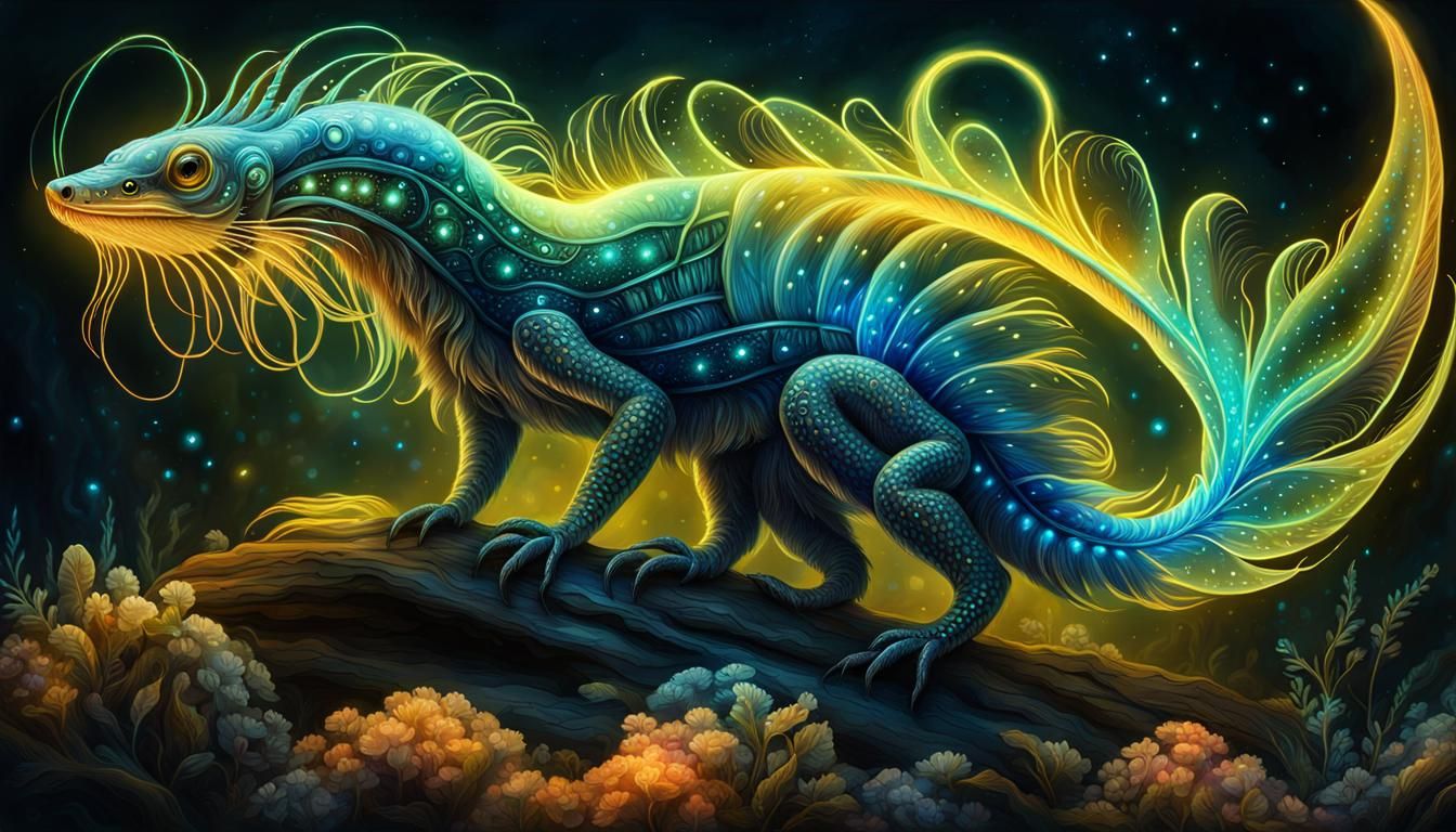 Bioluminescent Creature with Luminous Tail in Watercolour St...