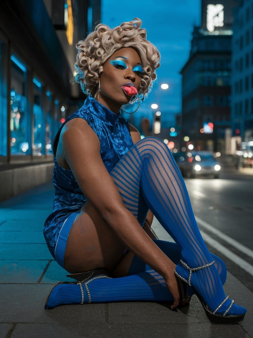 Cyberpunk Crossdresser in Blue: Stylized Portrait