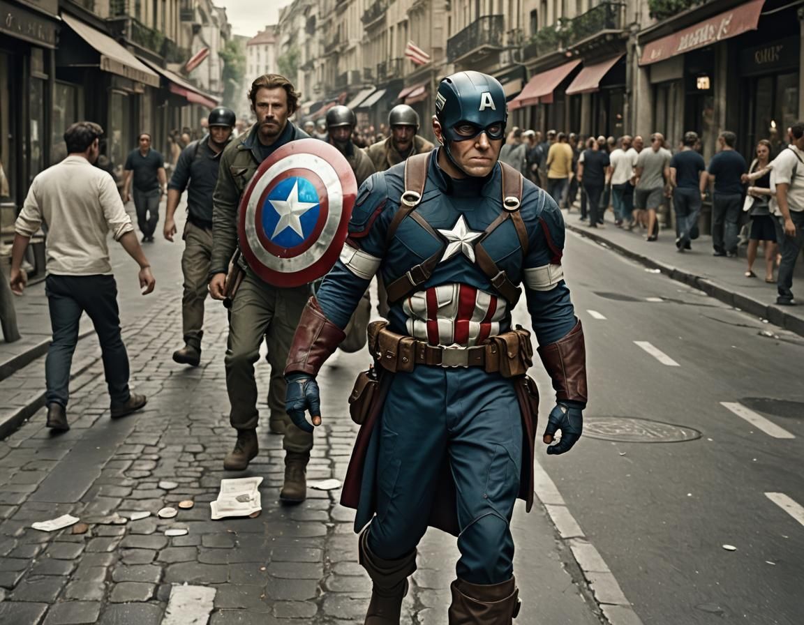 Hyperrealistic Captain America Begging in Street