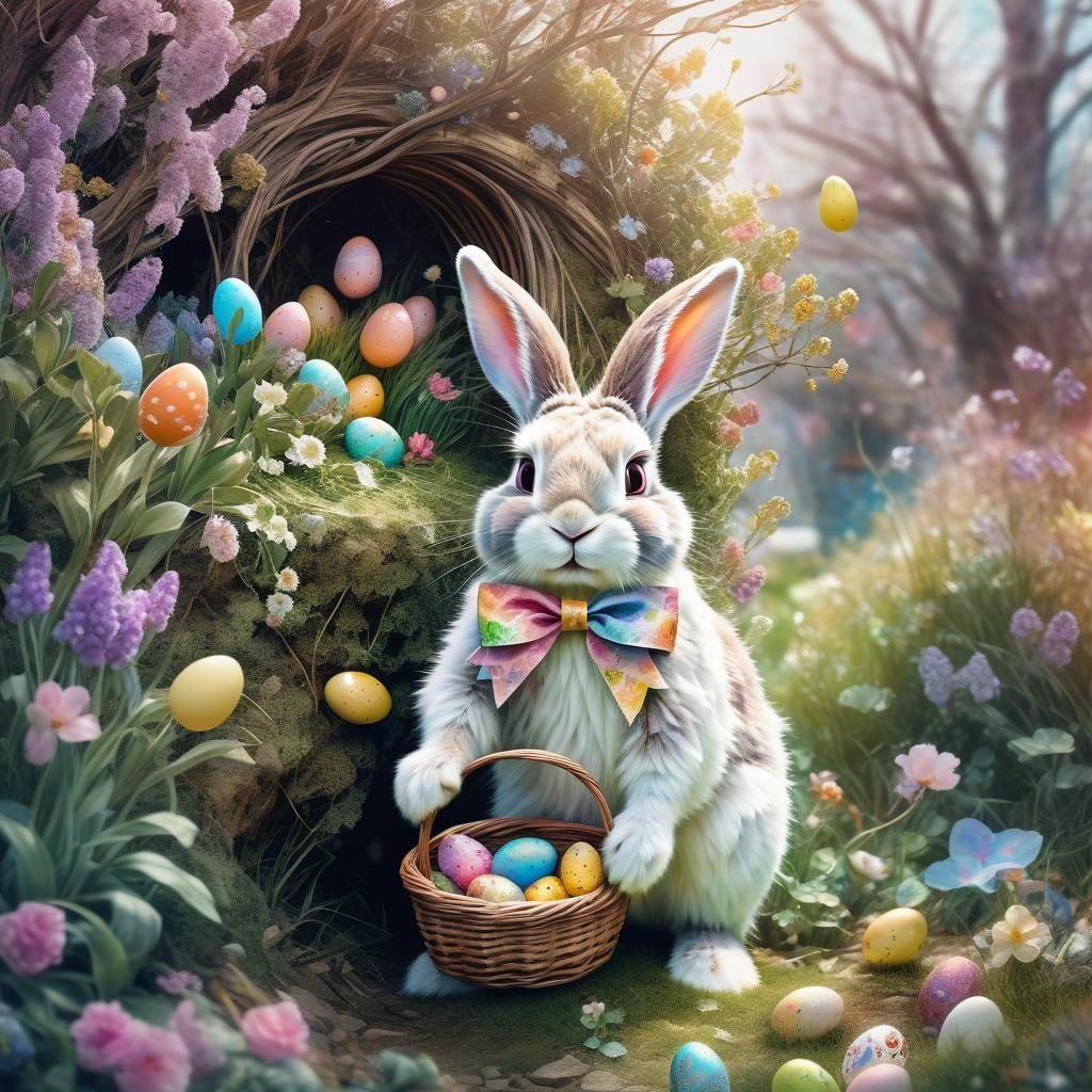 Cottagecore Easter Bunny Hiding Eggs in Spring Bush