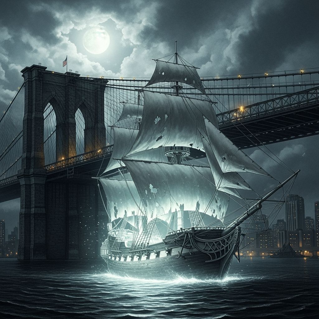 Ghostly Ship Under Brooklyn Bridge at Night