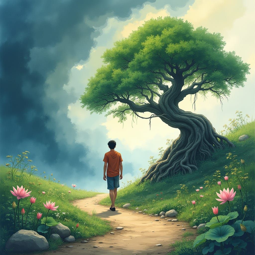 Man at Crossroads of Serenity and Turmoil