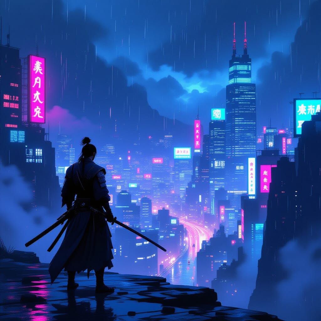 Samurai Warrior Overlooking Cyberpunk City at Night