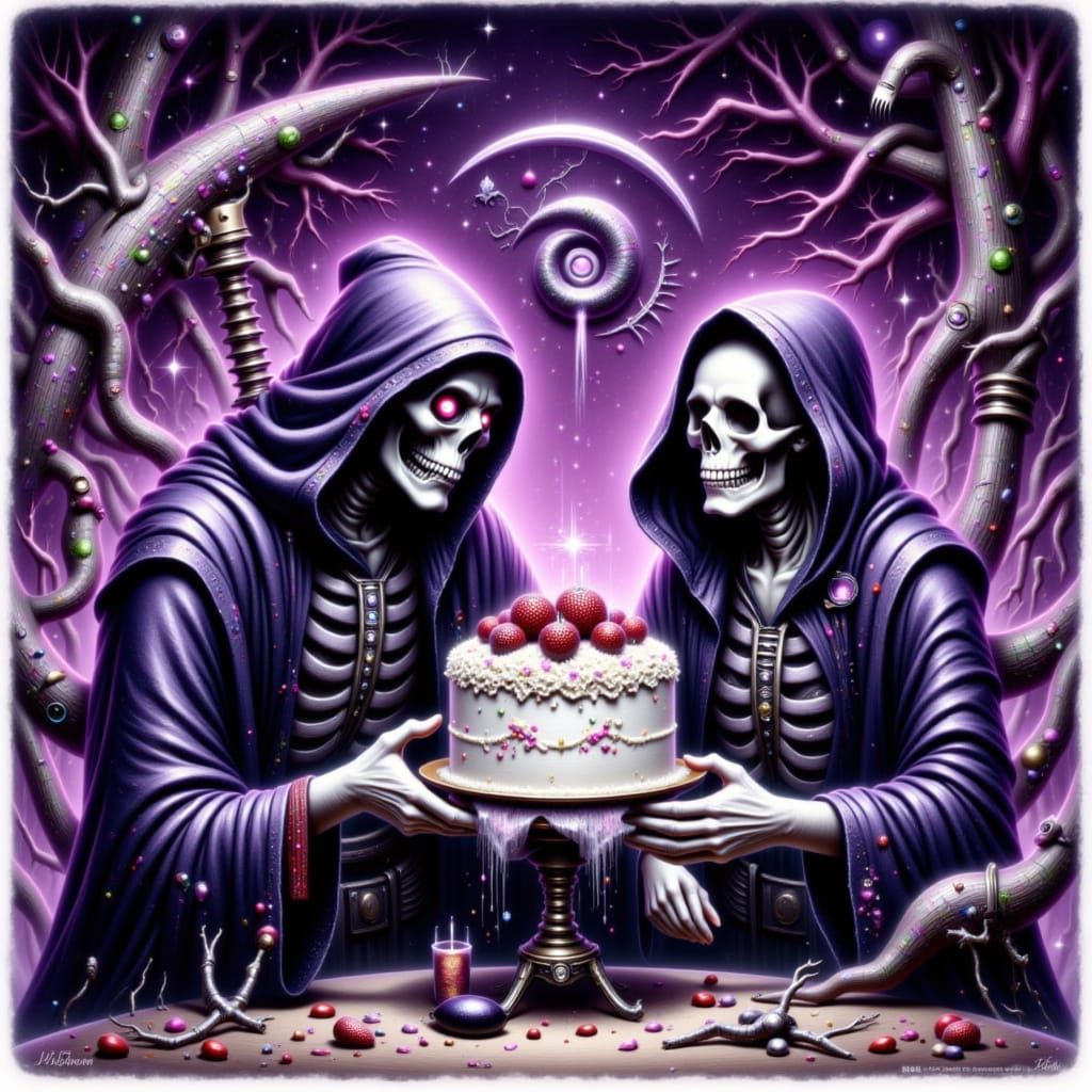 Grim Reaper Offers Cake or Death in Ralph Steadman Style