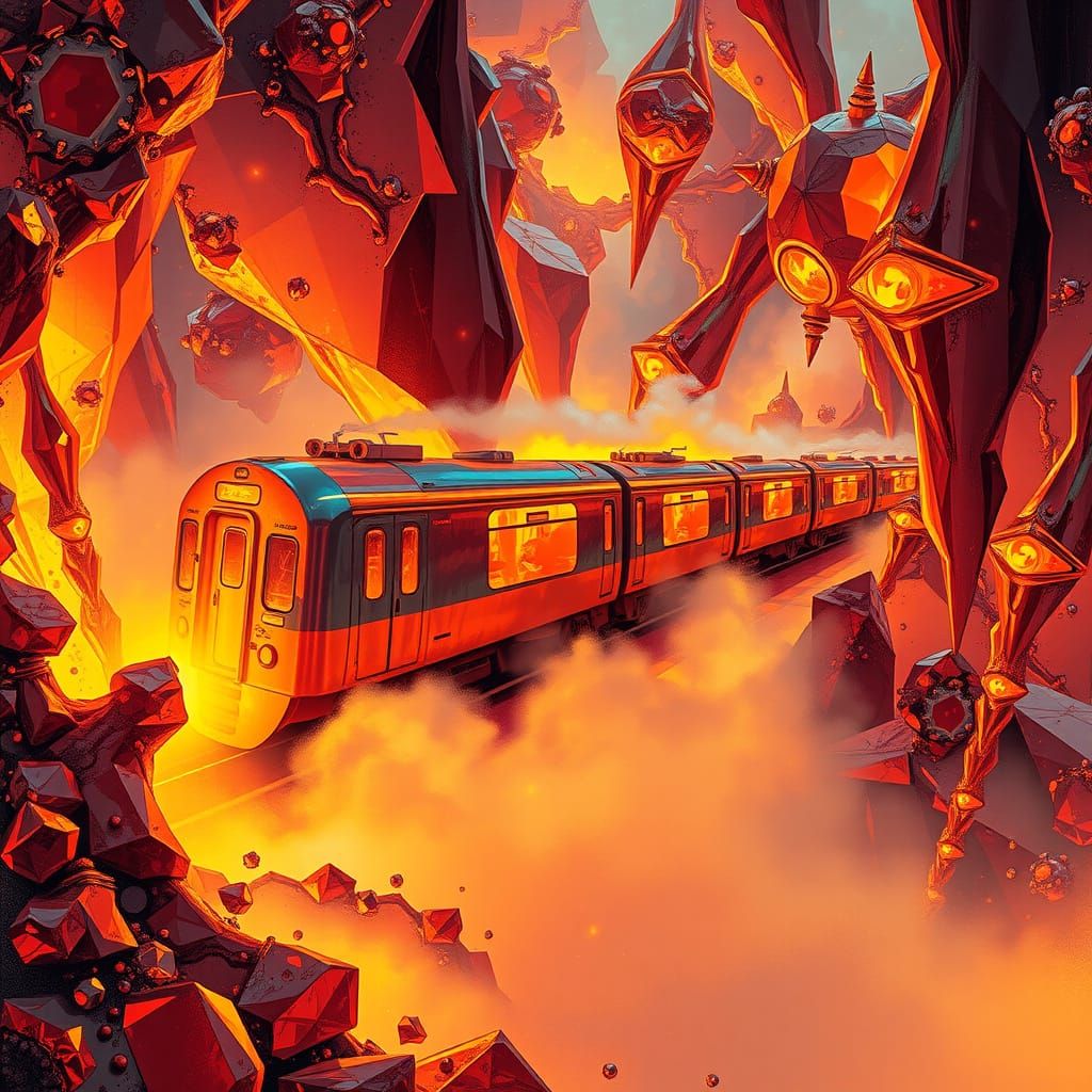 Vibrant Dreamscape Train in Holographic, Basquiat-Inspired S...