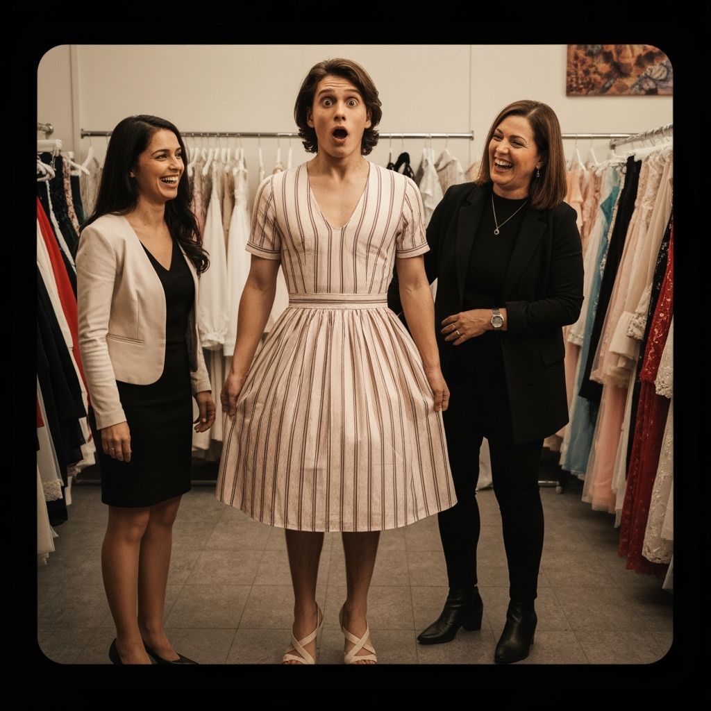 Surprised Young Man in Quinceañera Dress, Cinematic Film Sti...