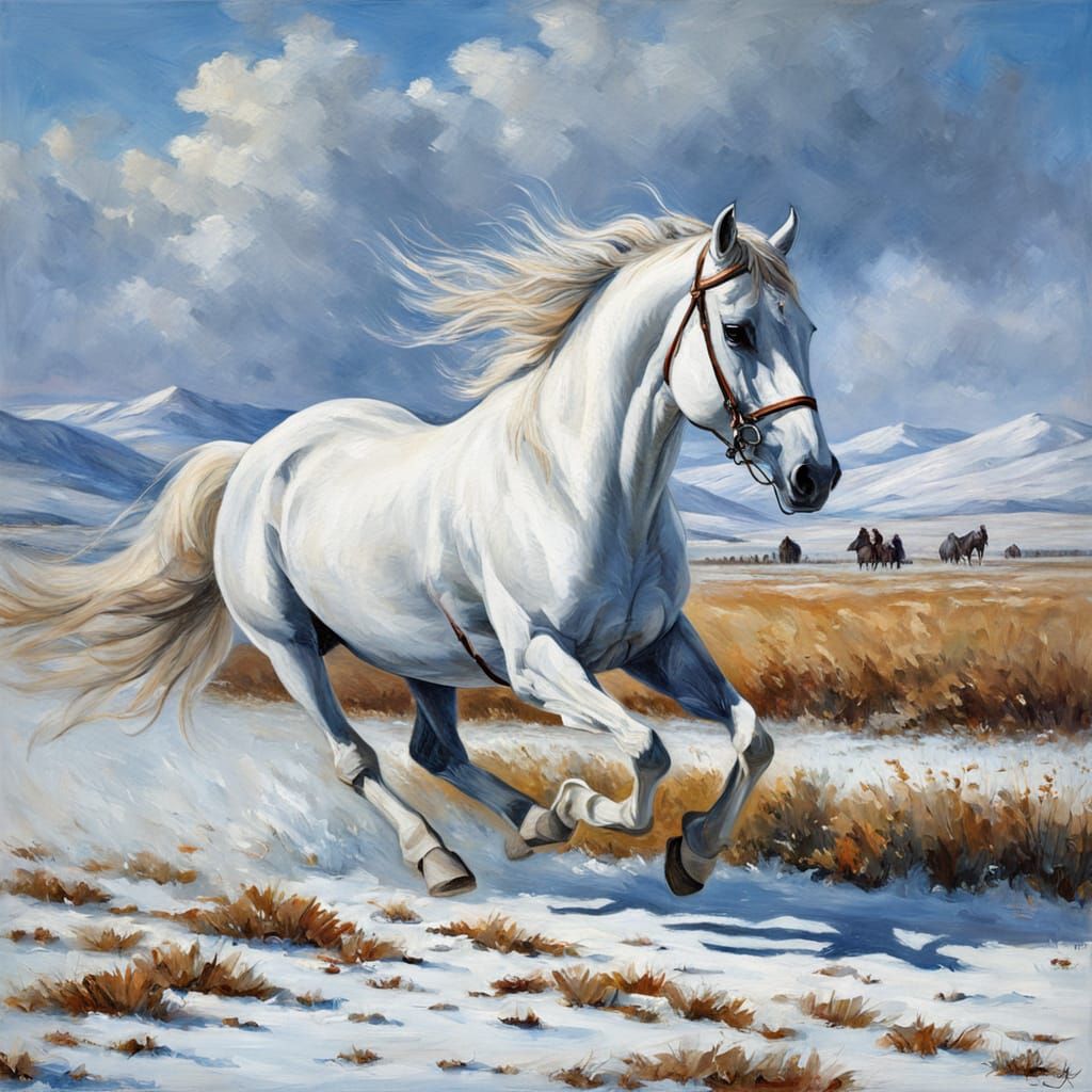 Winter Steppe Scene: Man and Horse in Snow