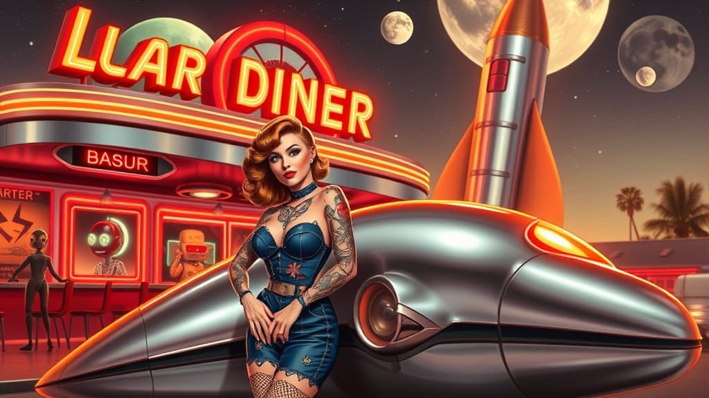 Retro-Futuristic Lunar Diner Scene in Vibrant Mid-Century St...