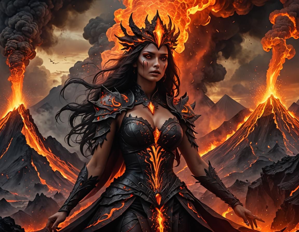Lava Sorceress Erupts Volcano: Mystical Fantasy Art