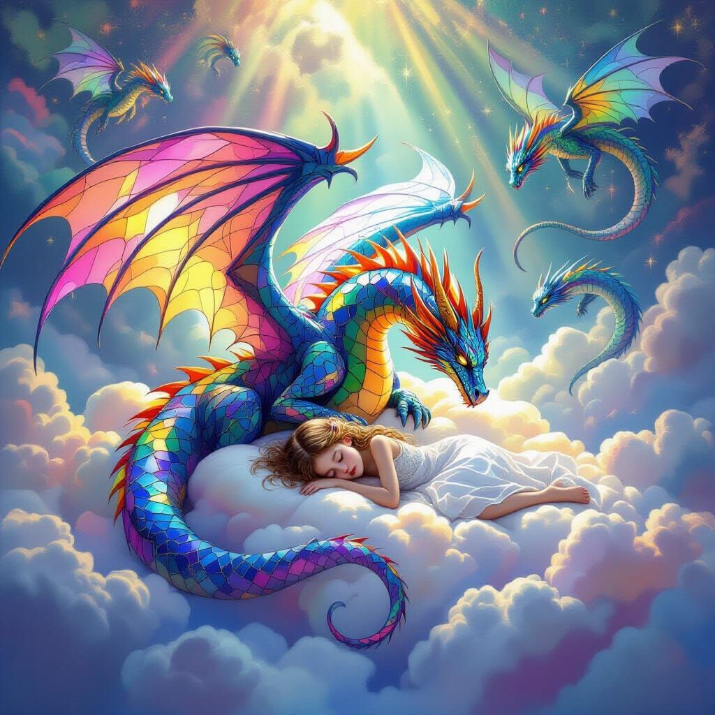 Shattered Glass Dragons Guard Sleeping Girl on Rainbow Cloud