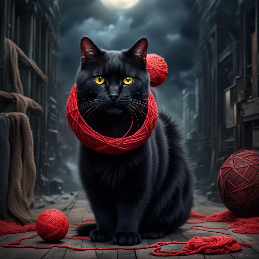 Giant Black Cat and Red Yarn Ball
