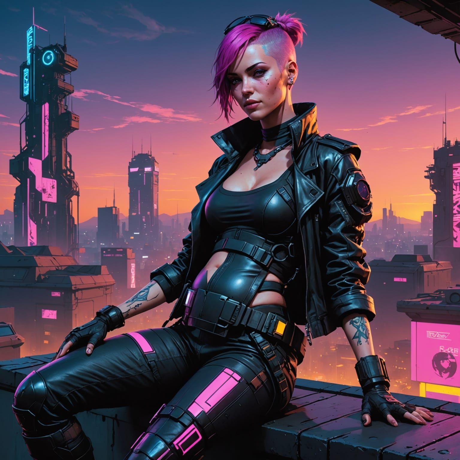 Cyberpunk Goddess in Black and White Line Art