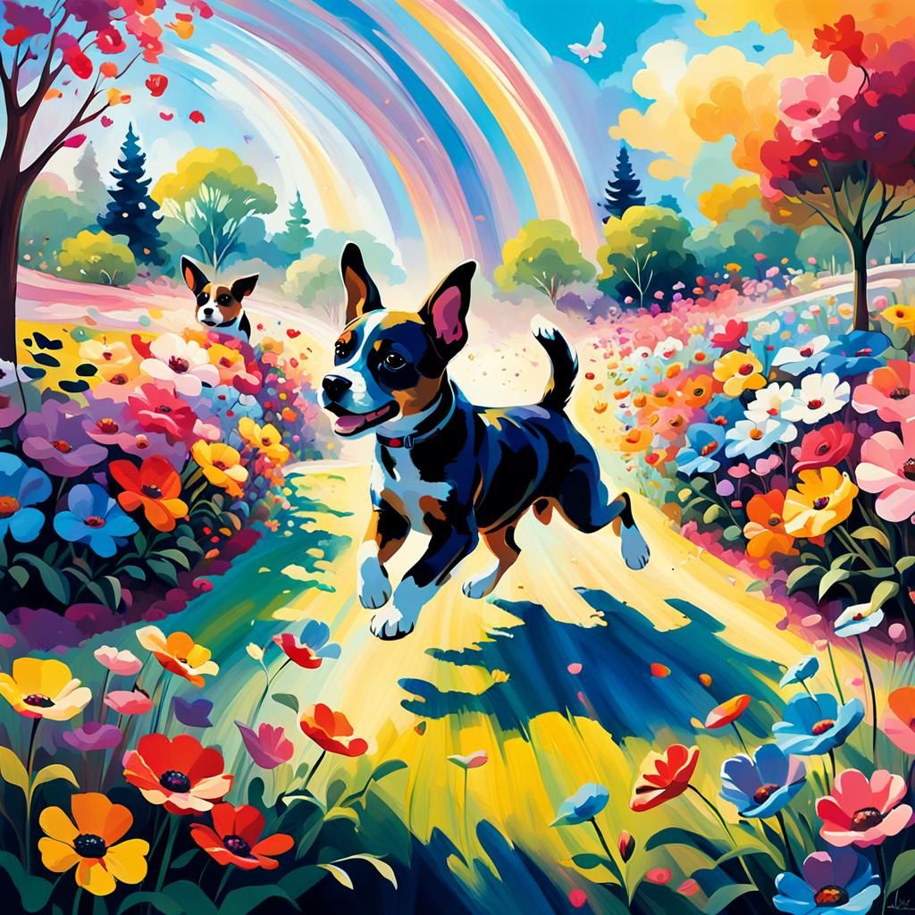 Children and Puppies in Abstract Expressionist Garden