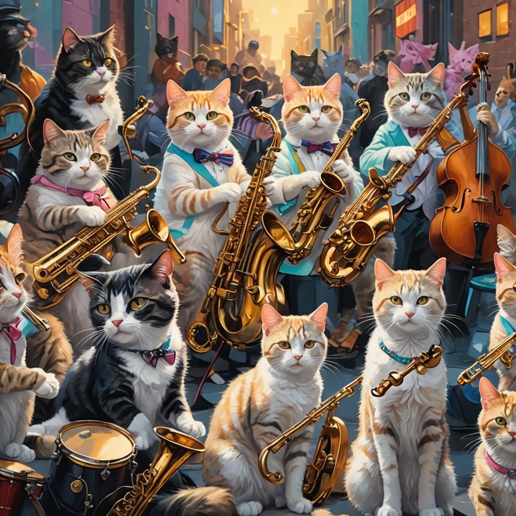 Cats Playing Jazz in Detailed Oil Painting